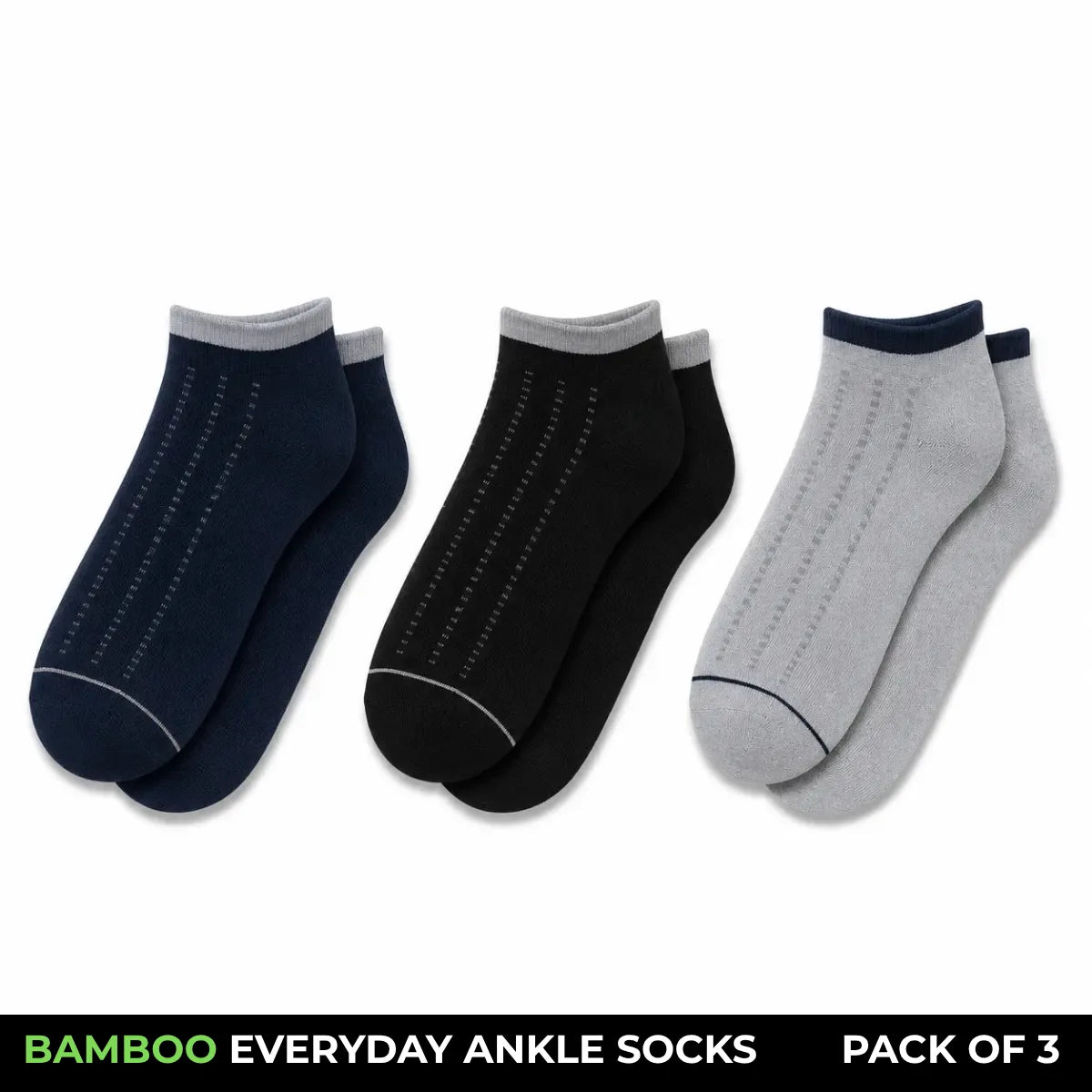 Three pairs of ankle socks displayed side by side on a white background: navy blue, black, and light gray. A black banner at the bottom reads 'BAMBOO EVERYDAY ANKLE SOCKS PACK OF 3'.