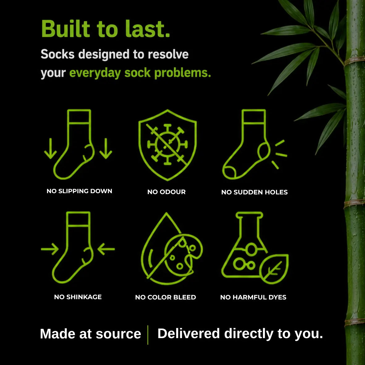 Promotional graphic for a Corbel Socks on a black background with green text and icons highlighting features such as no slipping down, no odour, no sudden holes, no shinkage, no color bleed, and no harmful dyes. Bamboo leaves and stalks appear along the right side.