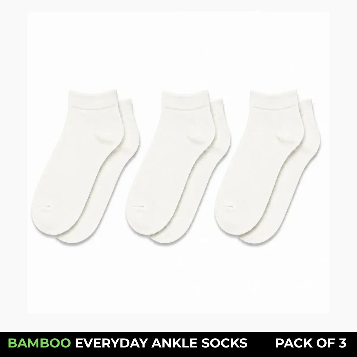 Three pairs of white ankle socks arranged side by side on a white background, with a black banner at the bottom reading 'BAMBOO EVERYDAY ANKLE SOCKS PACK OF 3'.