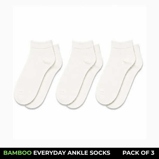 Three pairs of white ankle socks arranged side by side on a white background, with a black banner at the bottom reading 'BAMBOO EVERYDAY ANKLE SOCKS PACK OF 3'.