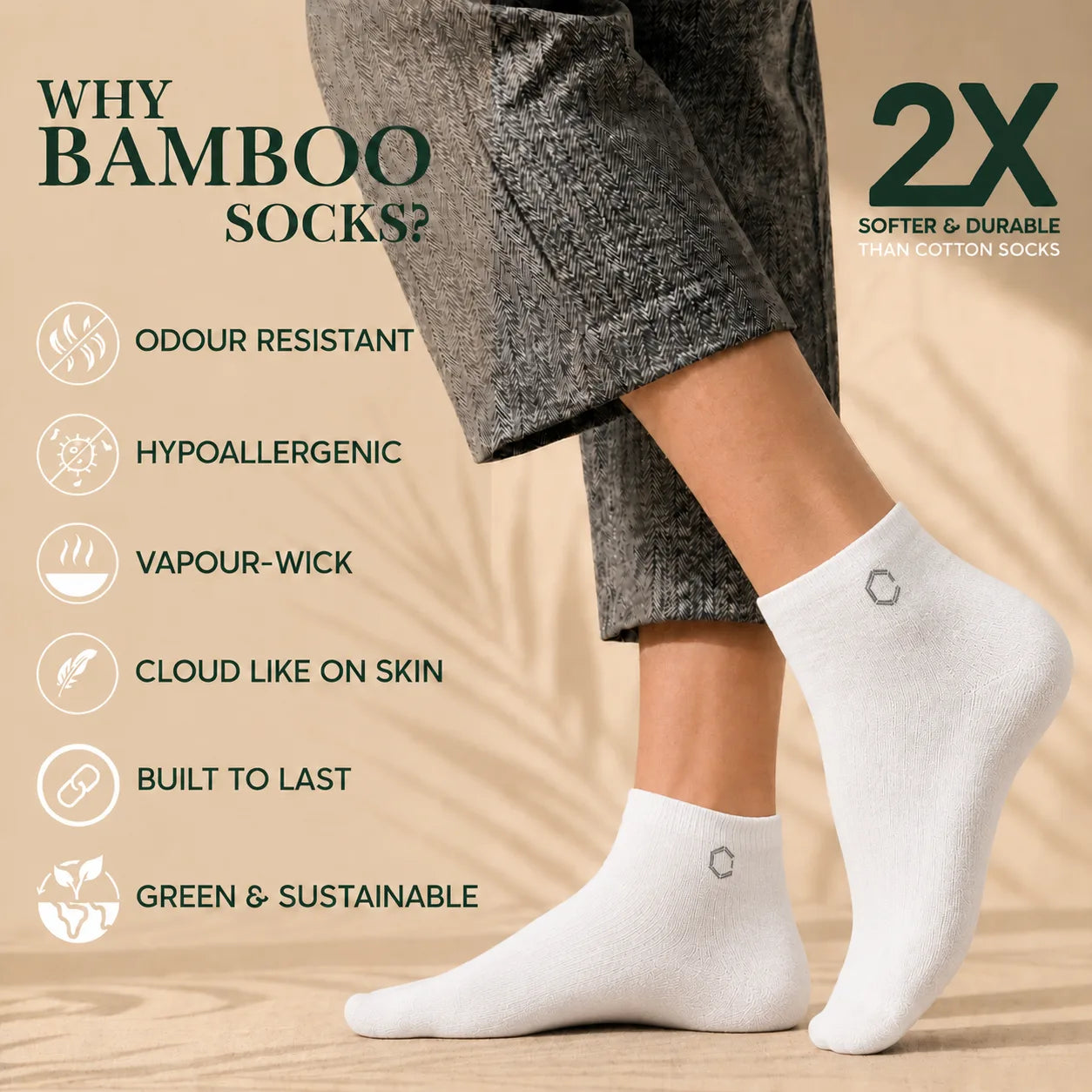White bamboo ankle socks worn on a person's feet, with dark gray cropped trousers visible. The image includes marketing text highlighting features like odor resistance, hypoallergenic properties, and a 2X count compared to standard cotton socks.